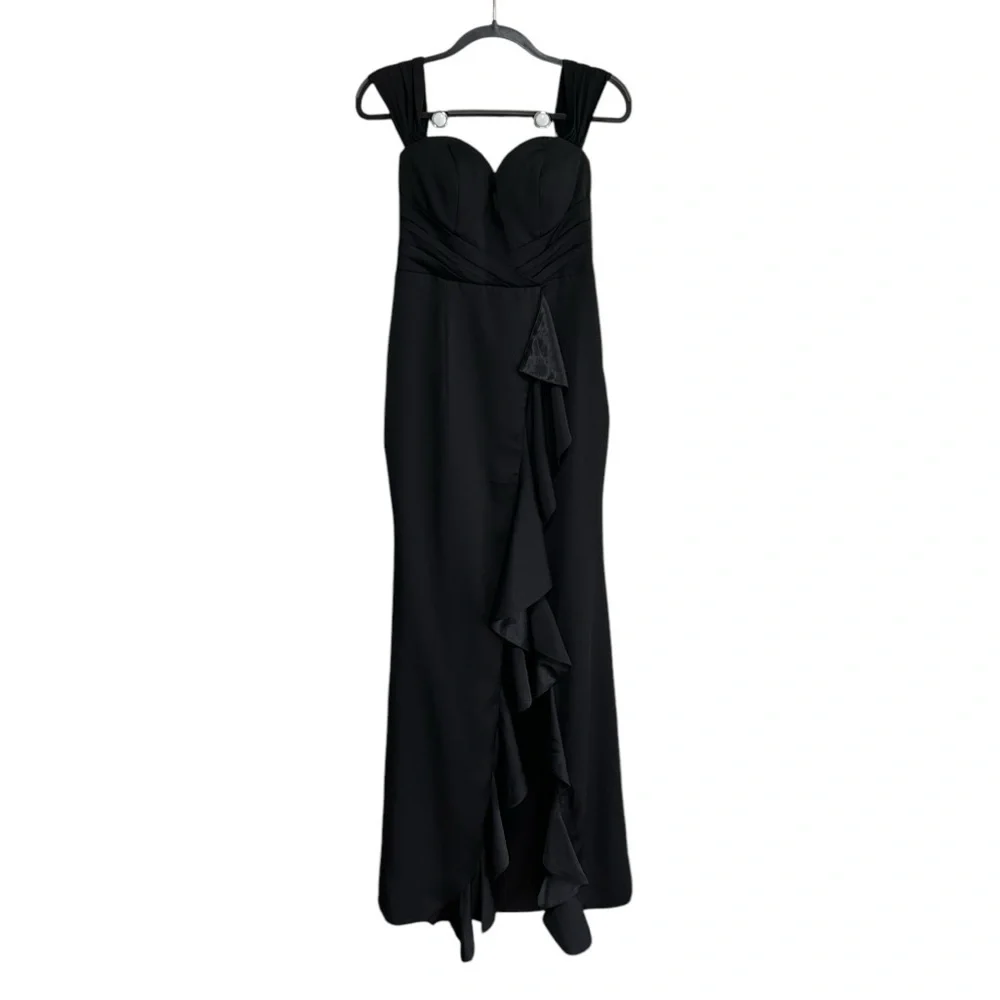 Bariano Edie Gown Size Medium Black Ruffle Front Off The Shoulders $298 NWT - Picture 4 of 8